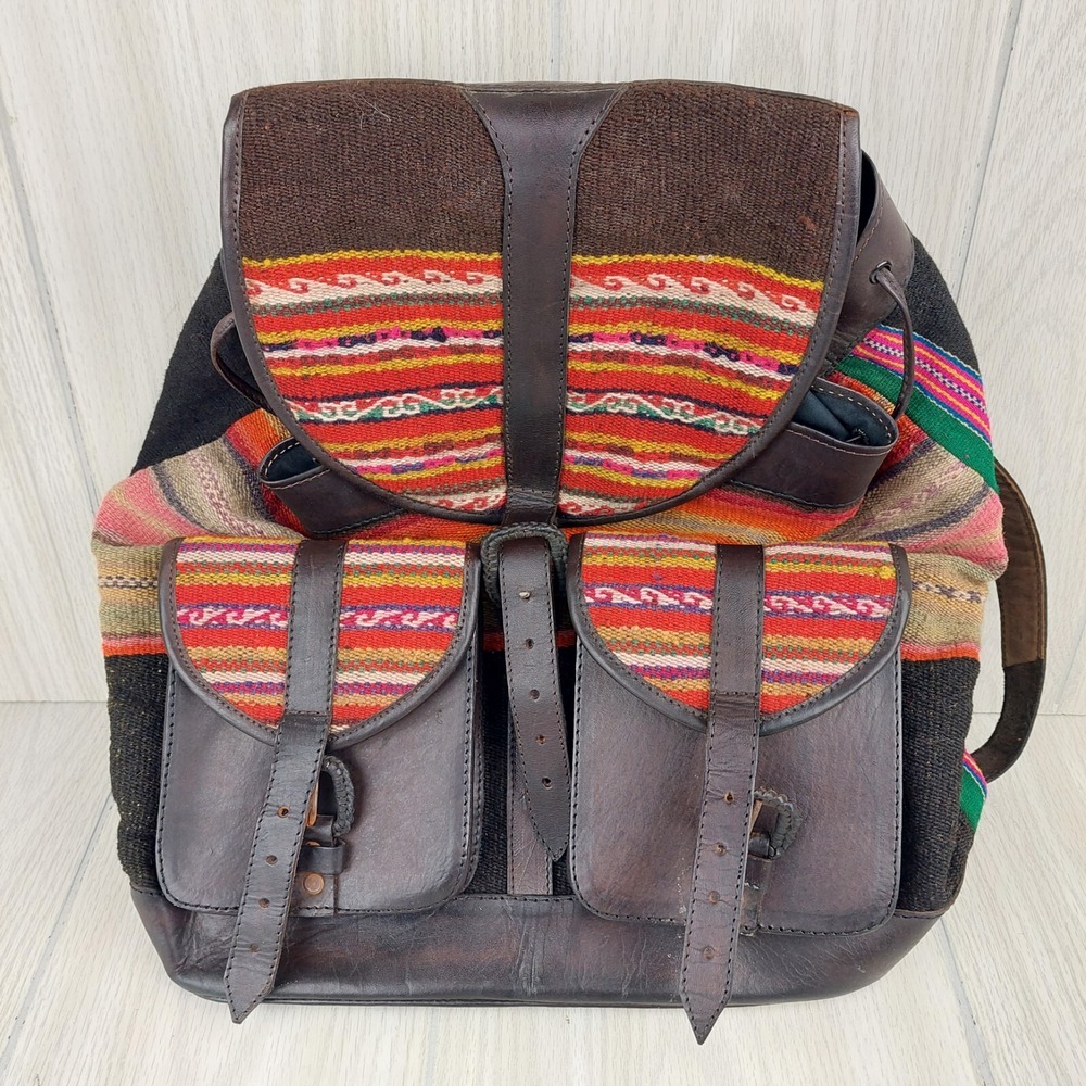 Maranatha Backpack Messenger Bag Brown Leather Wool Woven Bolivian Artisan - Picture 3 of 8